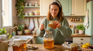 Une femme versant du miel dans un brassin de jun