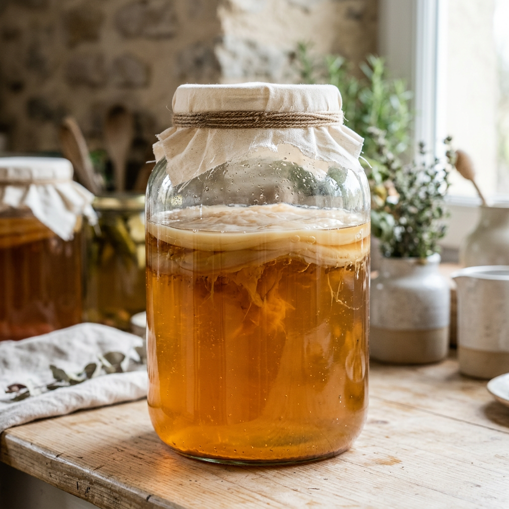 Jarre de kombucha maison en fermentation sur une table rustique