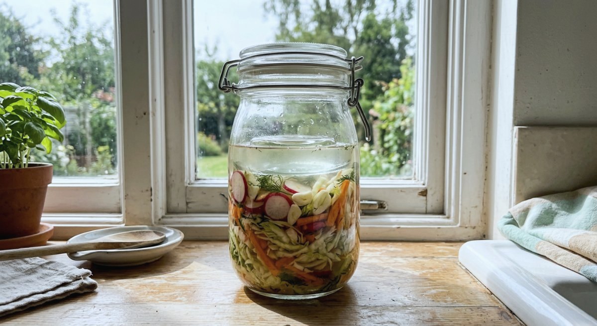 Bocal de fermentation posé sur un rebord de fenêtre