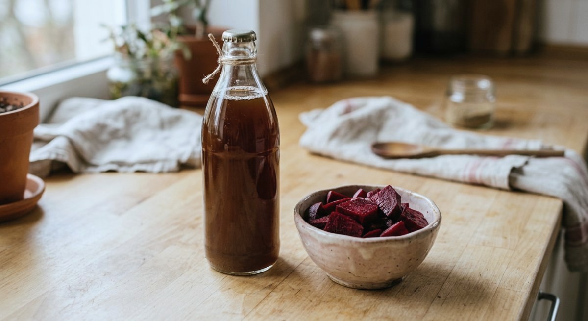 Bouteille de kvas et bol de betteraves fraîches