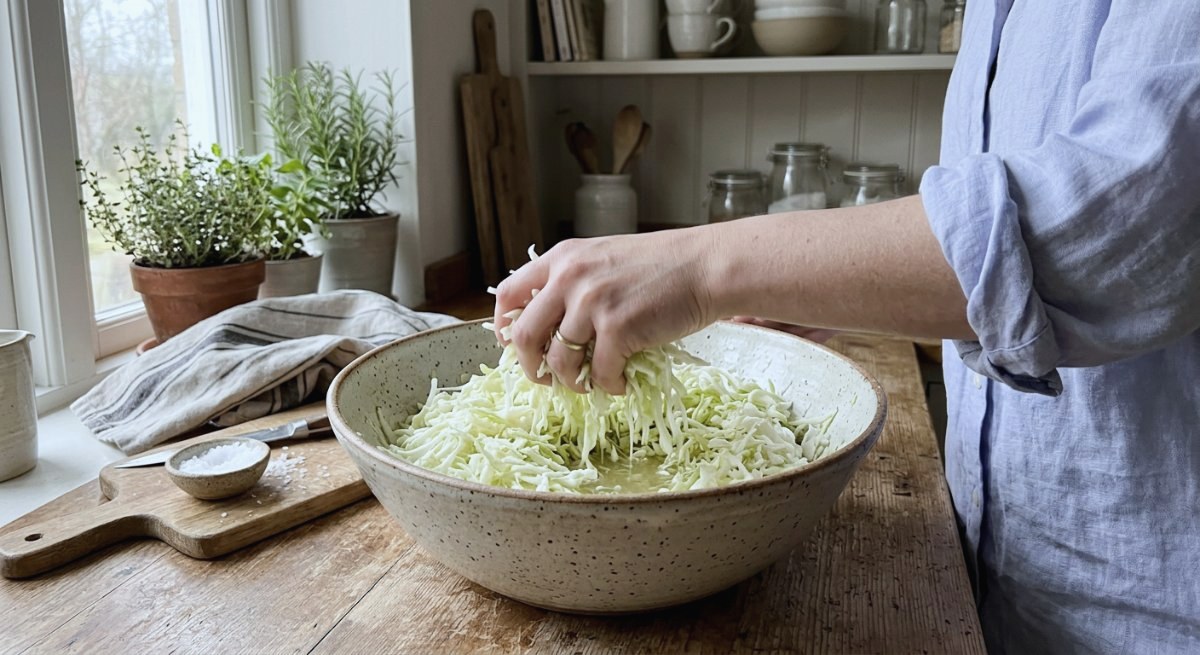 Massage du chou blanc salé pour la choucroute