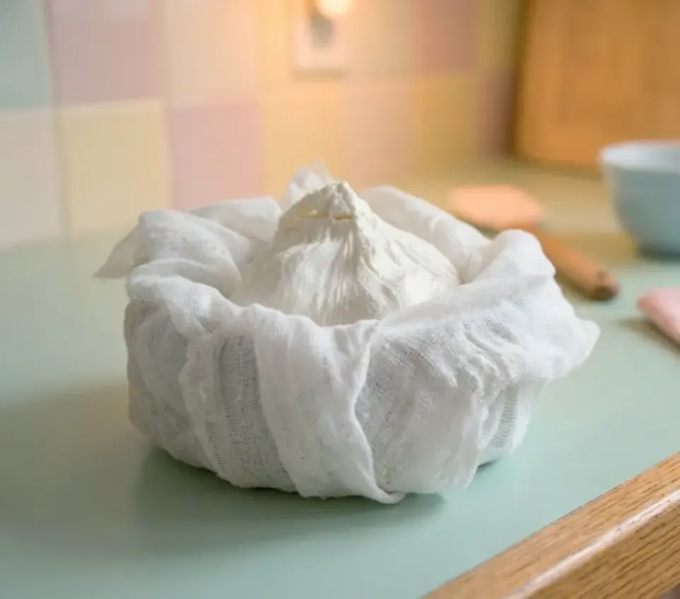 Skyr dans son filet pour l'égoutter