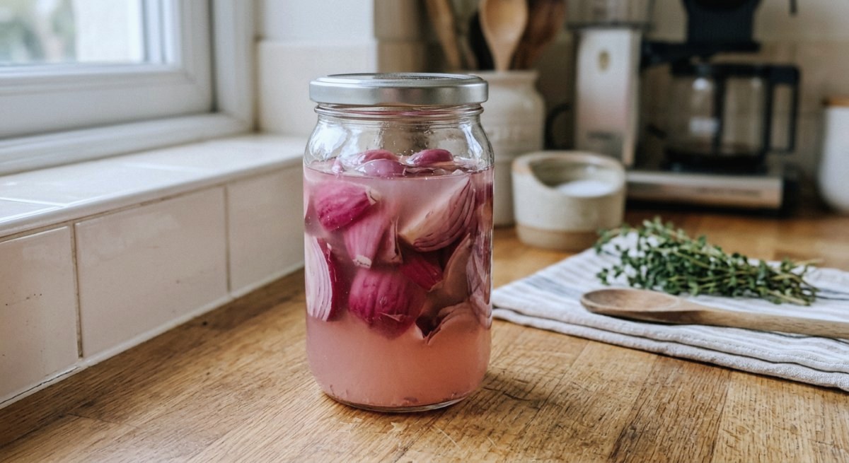 Bocal d'oignons rouges lacto-fermentés