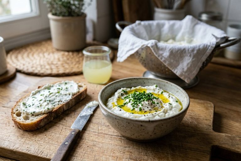 Fromage de kéfir de lait frais aux herbes dans un bol avec une tartine