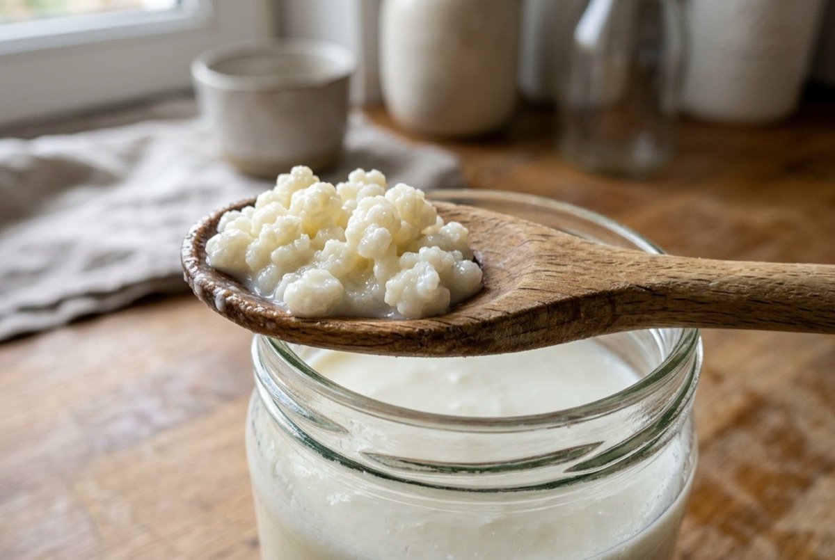 Grains de kéfir de lait dans une cuillère en bois au-dessus d'un bocal