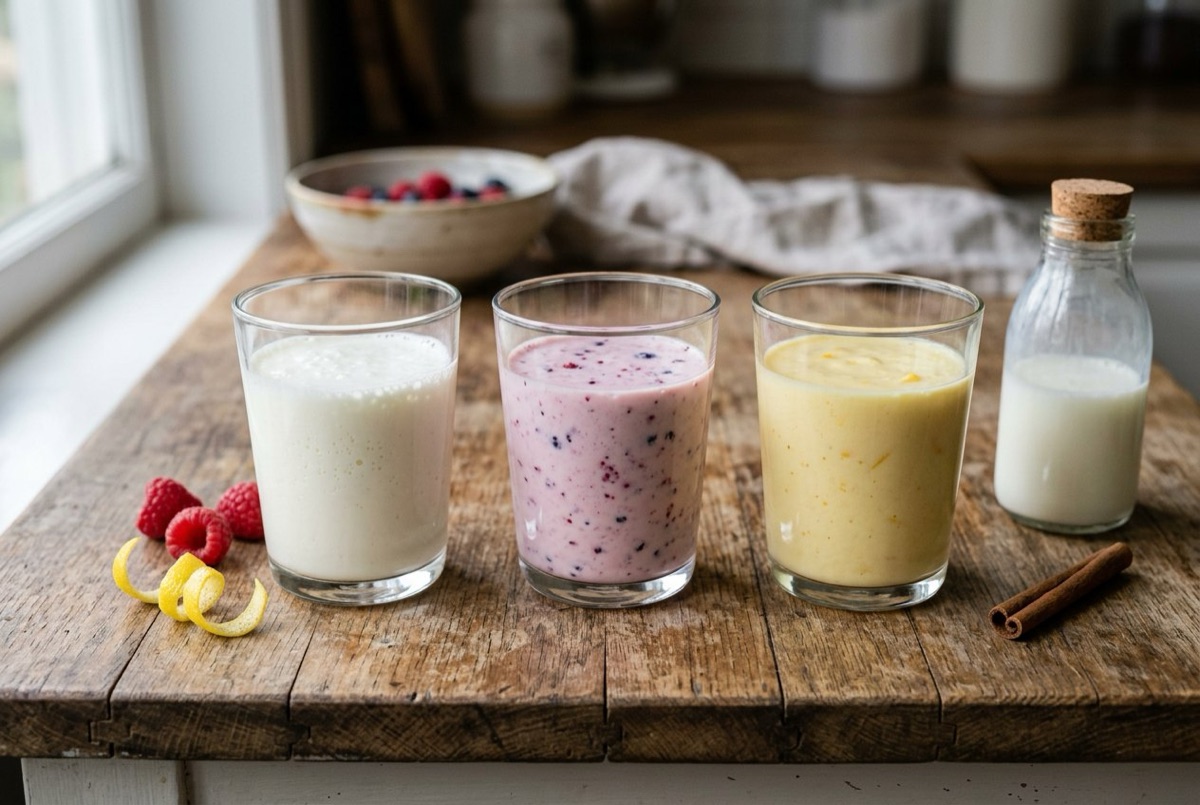Verres de kéfir de lait nature et aromatisé aux fruits rouges