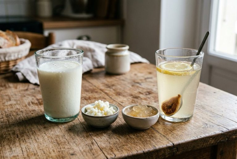 Un verre de kéfir de lait blanc et un verre de kéfir de fruits doré côte à côte
