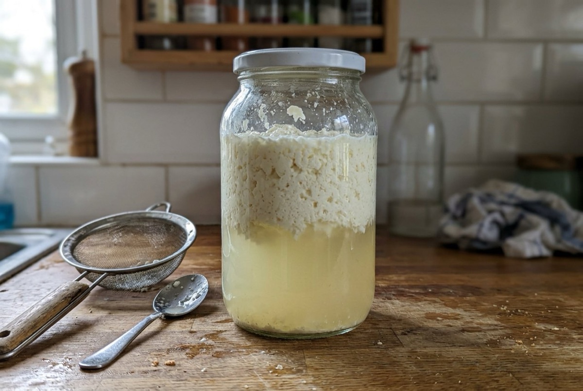 Bocal de kéfir de lait séparé en caillé et petit-lait sur un plan de travail