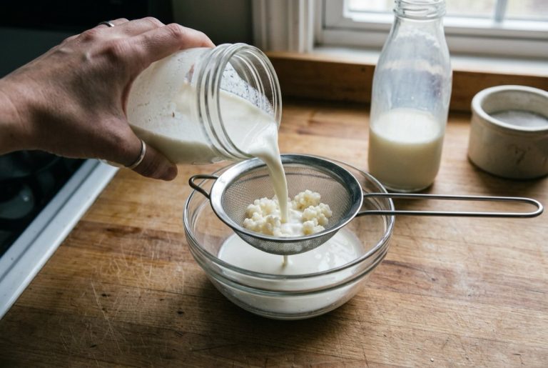 Kéfir de lait maison versé à travers une passoire pour récupérer les grains