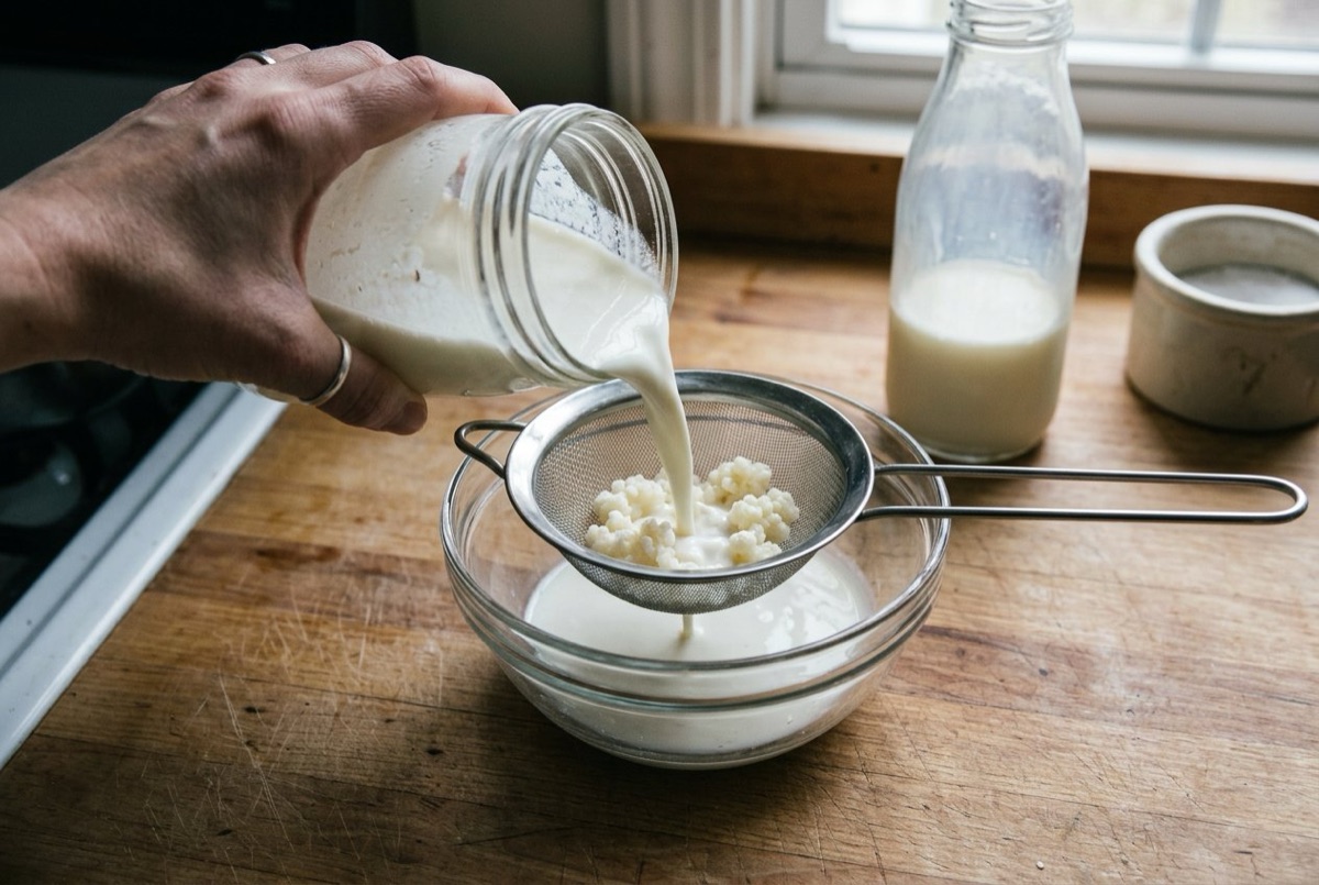 Kéfir de lait maison versé à travers une passoire pour récupérer les grains