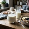 Verre de kéfir de lait maison sur une table de petit-déjeuner