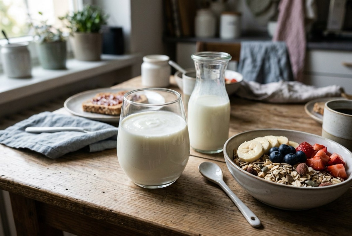 Verre de kéfir de lait maison sur une table de petit-déjeuner